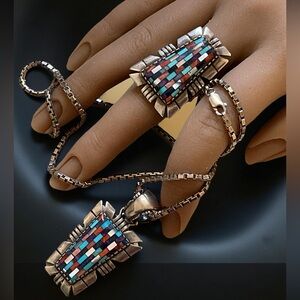 VTG CAROLYN POLLACK RELIOS MULTI-STONE MOSAIC INLAY PENDANT &STATEMENT RING Sz 8